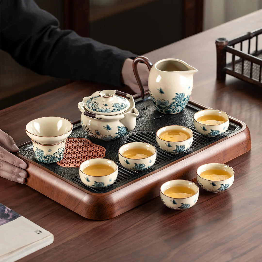 汝窑青蝶手抓壶功夫茶具套装礼盒装办公室家用待客泡茶专用茶具