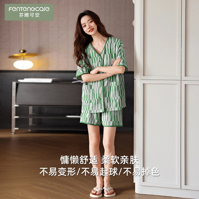 芬腾可安100%纯棉女士睡衣夏季短袖短裤V领开衫休闲居家宽松柔软