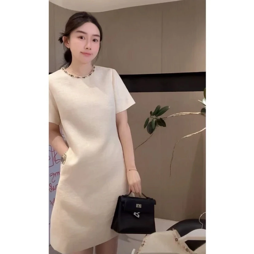 【现货】韩系气质米色连衣裙小香风设计淑女风镂空短裙夏季穿搭