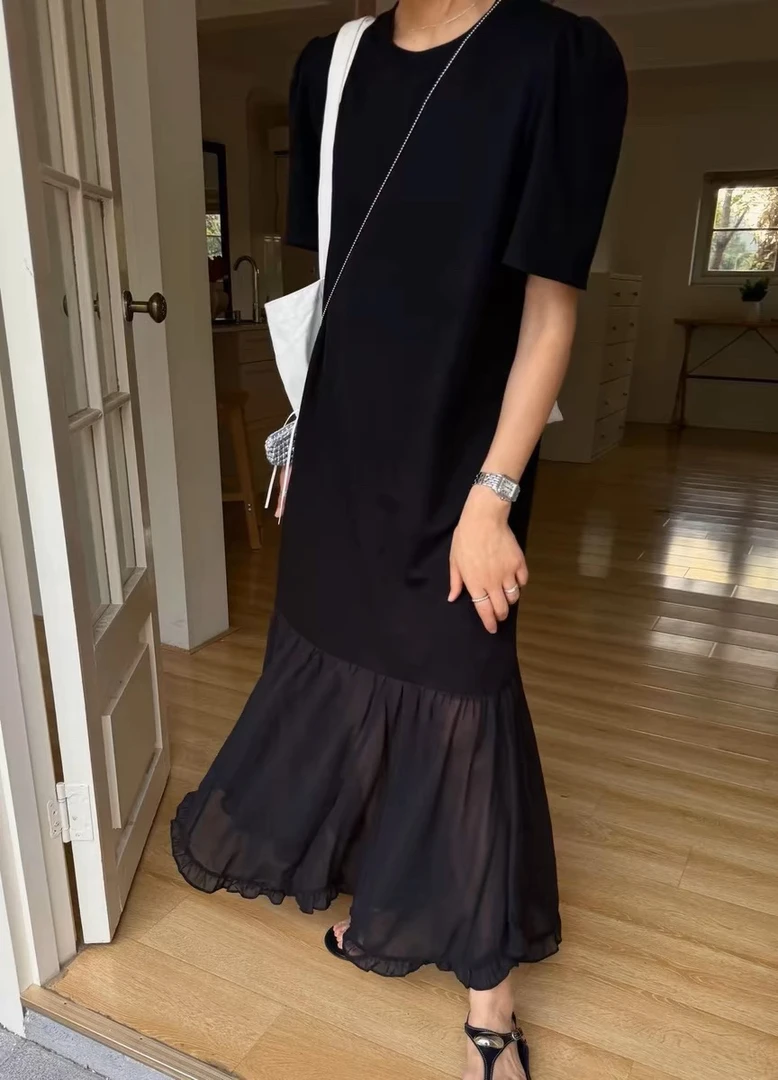 妮妮家9916夏季新款法式拼接网纱高级感黑色连衣裙