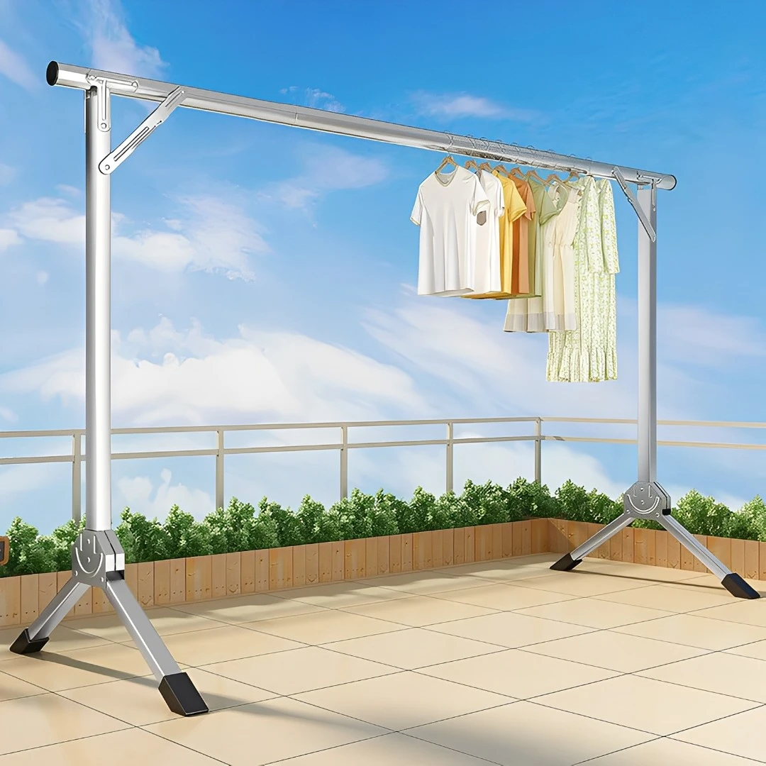 不锈钢折叠单杆晾衣架落地立式家用阳台伸缩晒衣架晾衣服晒被神器