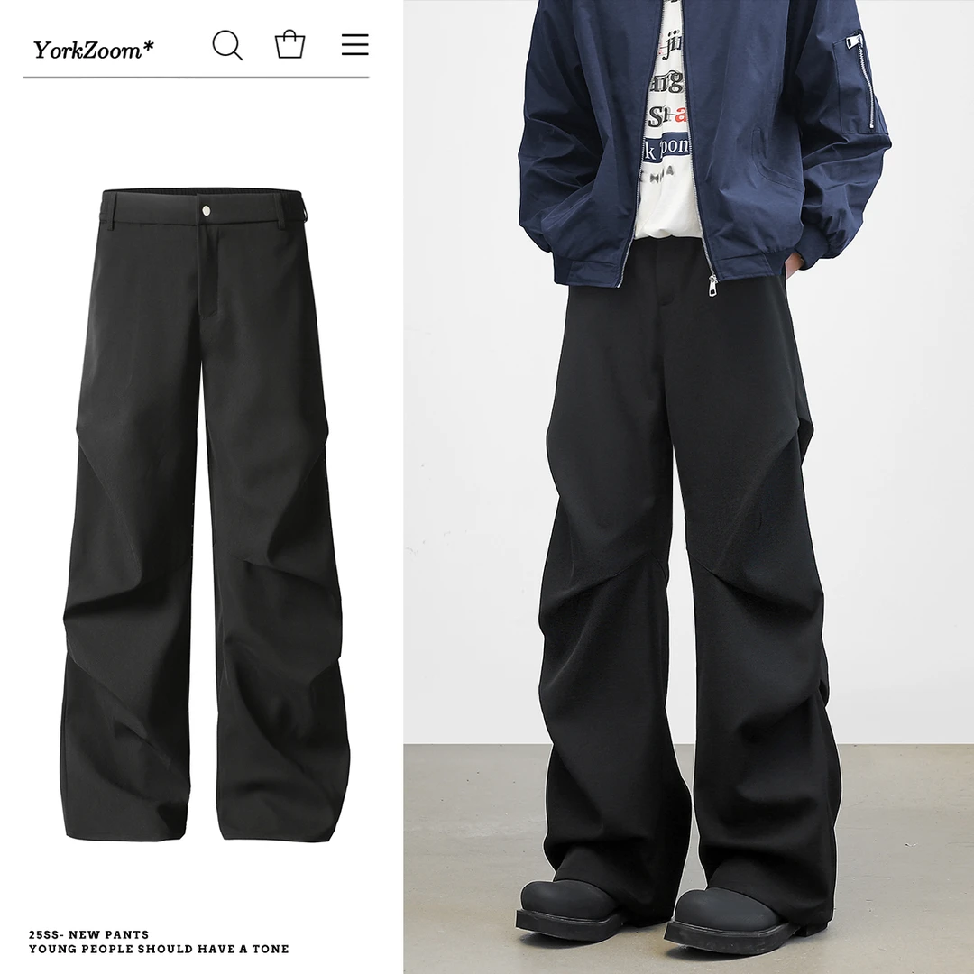 York Zoom秋冬美式宽松阔腿拖地微喇垂感休闲裤黑色褶皱西裤男