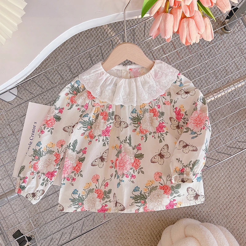 2025新款纯棉女童碎花娃娃领衬衣衬衫春秋长袖蕾丝镂空601