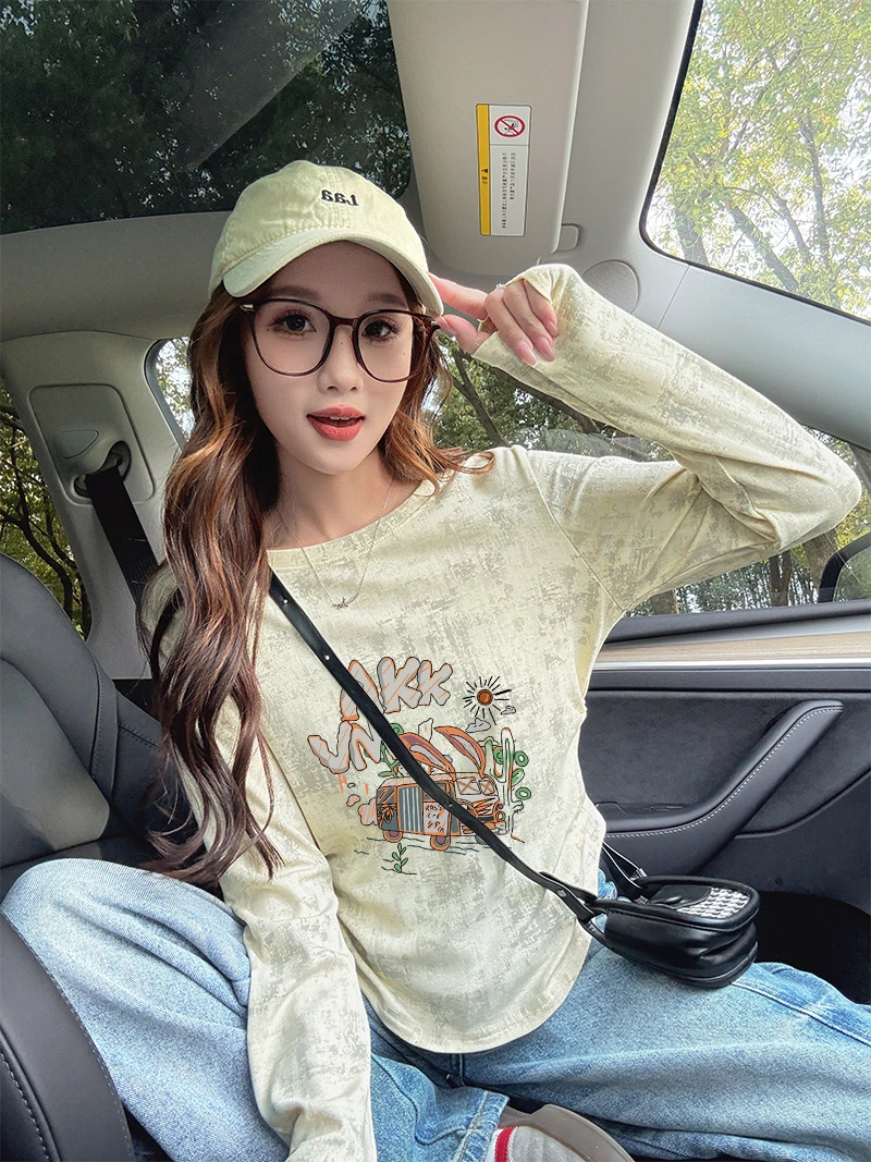 趣味卡通不规则长袖T恤打底衫女秋季爆款韩版修身褶皱设计感上衣