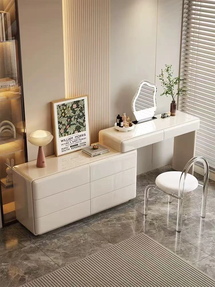 全实木梳妆台斗柜一体家用书桌卧室奶油风化妆桌组合床尾斗柜一体