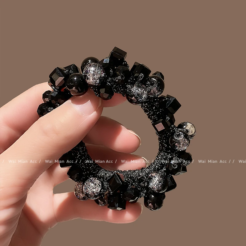 轻奢时尚黑色水晶发圈女网红新款扎高马尾发绳丸子头耐用百搭头饰