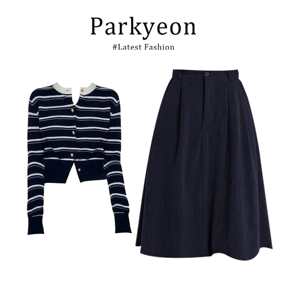 INS CEC韩系时髦撞色条纹长袖针织高腰衫百褶半身裙早秋两件套女