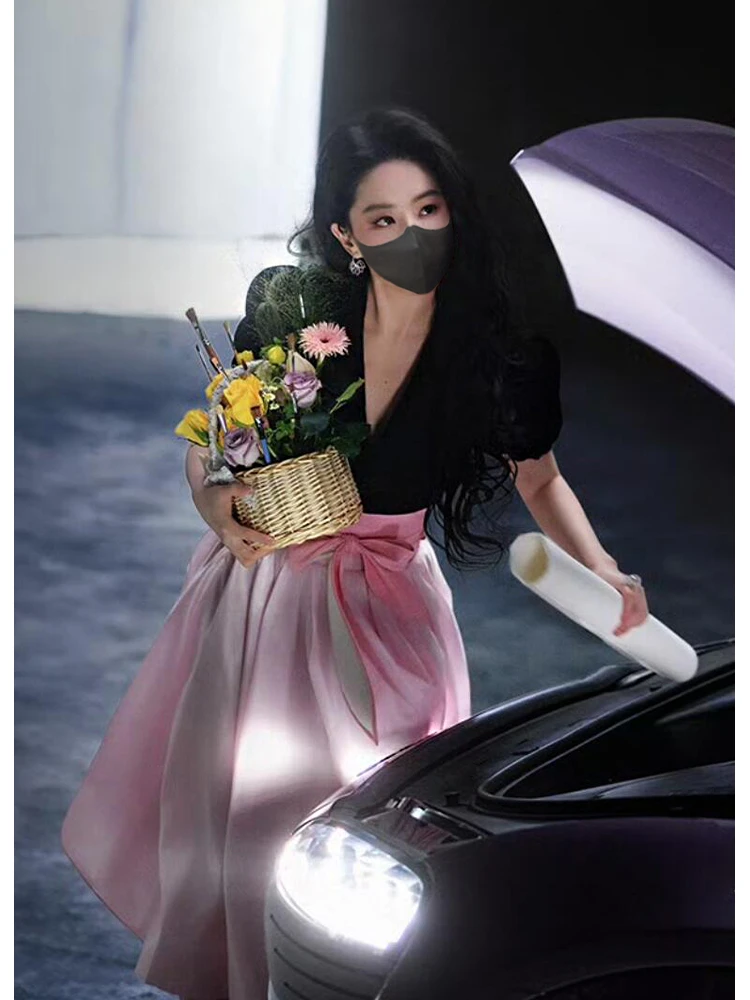 刘亦菲同款大方得体穿搭超好看气质百搭粉色花苞半身裙女2025新款