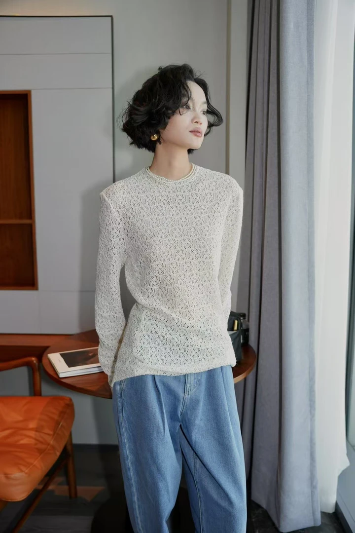 长袖薄款时尚镂空衫常规款圆领气质