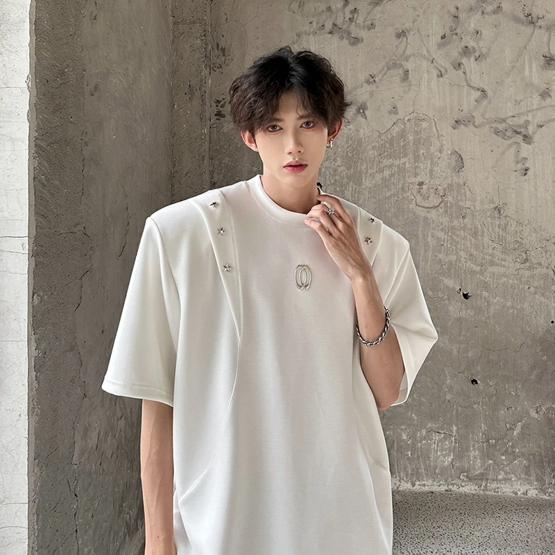 星星解构垫肩重磅短袖t恤男夏季美式高街潮牌高级感痞帅五分半袖