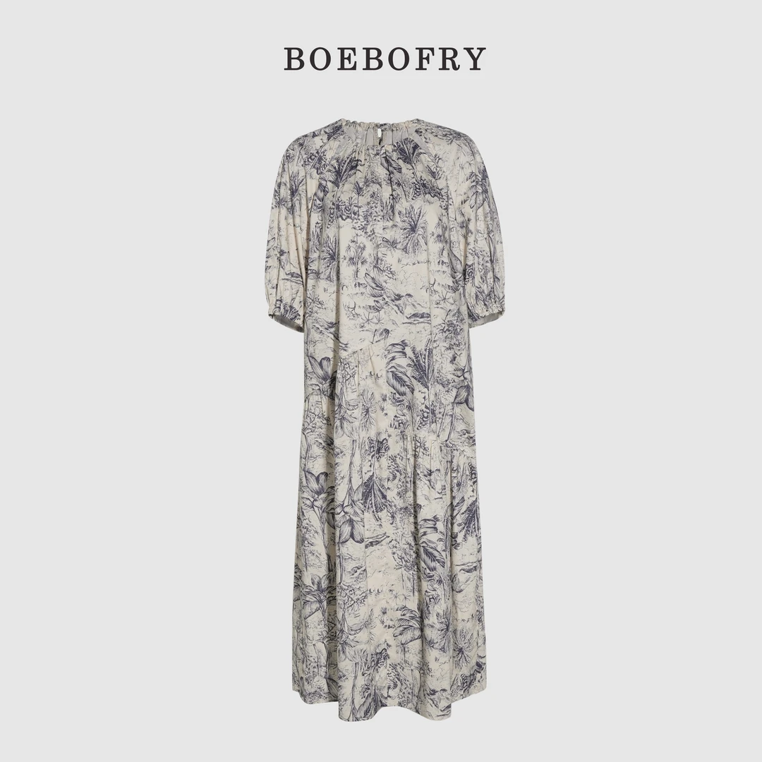 BOEBOFRY<藏青印花>100%棉圆领落肩袖A型短袖碎花连衣裙BE1L0695