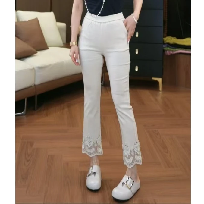 【鑫蕾】时尚拼接蕾丝花边烟管裤修身显瘦九分休闲裤53706