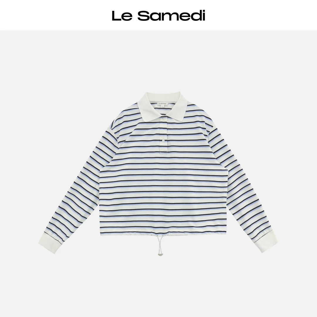 Le Samedi【燃动地平线】荃棉珠地布 机能风抽绳撞色条纹polo衫
