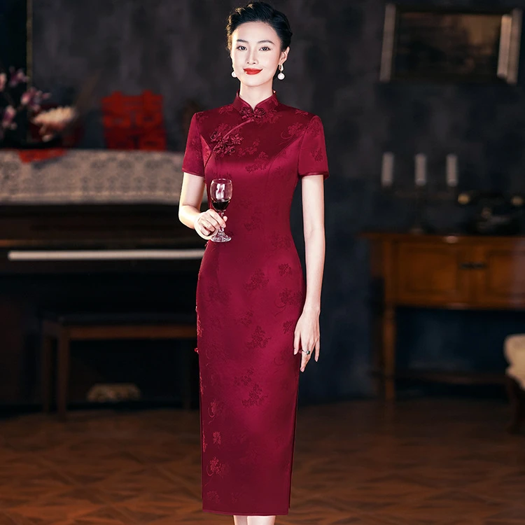 工厂批发婚礼妈妈礼服2025夏季醋酸提花缎喜婆婆婚宴旗袍洋气6109