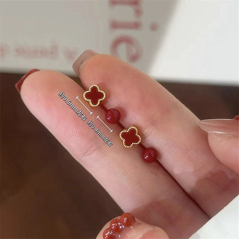 铜合金铜耳饰 925银针轻奢四叶草耳钉 喜庆红色系气质耳饰耳环