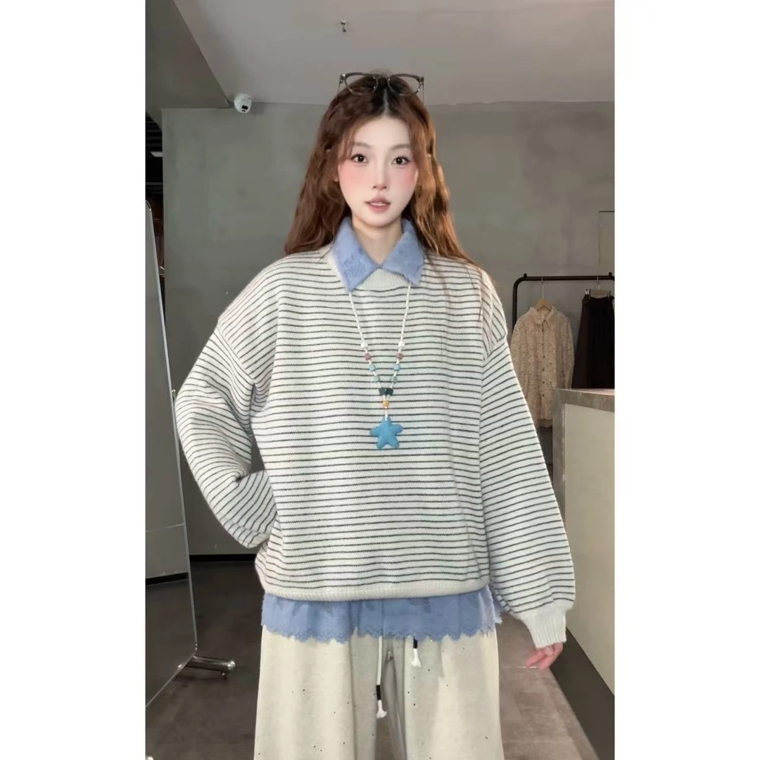 VGVL毛衣秋冬季新款加厚慵懒感条纹韩系毛衣50268