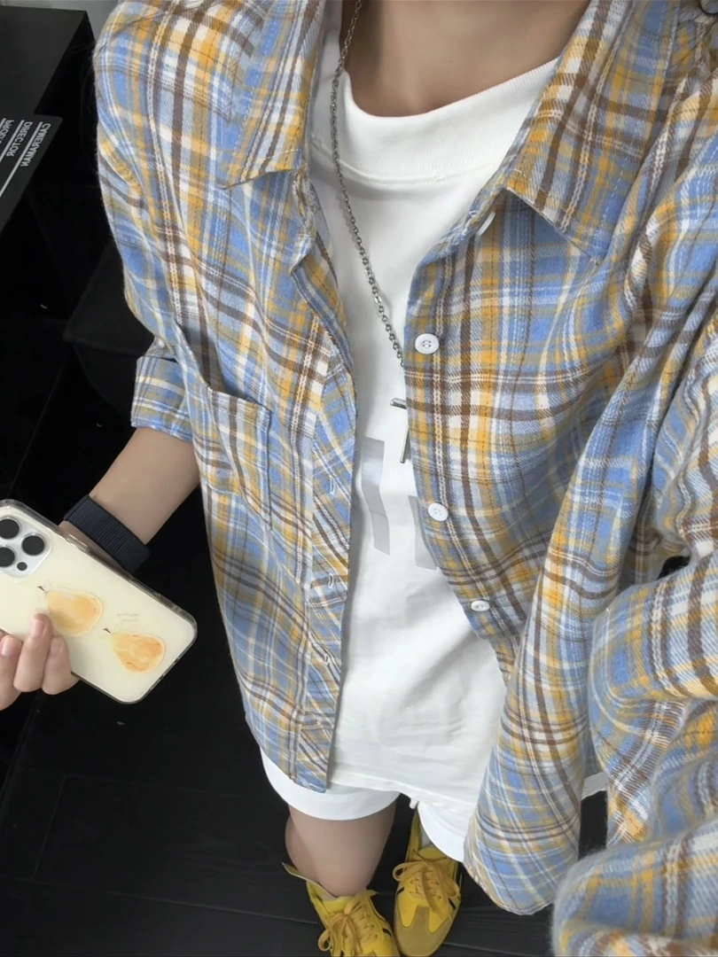 美式复古春夏黄蓝格子衬衫男款潮牌高级感男装长袖衬衣情侣装外套