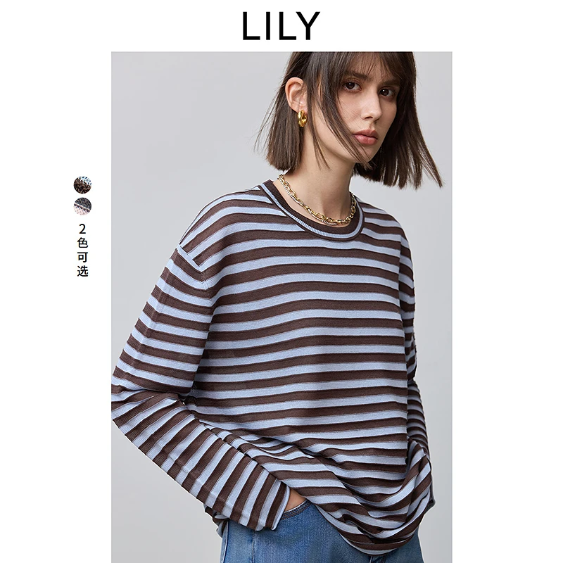 LILY2025春新款女装含莱赛尔立体提花条纹百搭针织衫125109TK942