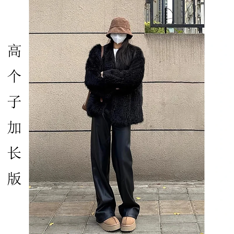 裤长112cm加长窄版皮裤阔腿裤子女爆款秋冬黑色高级感高腰直筒裤