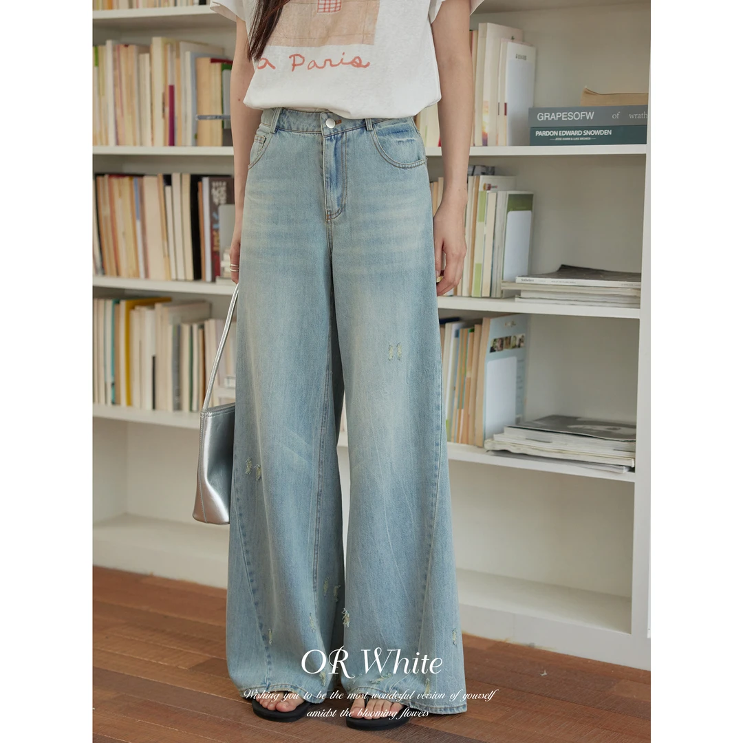 ORWhite 法式复古破洞牛仔裤女夏浅蓝高腰阔腿裤显瘦神裤九分长度