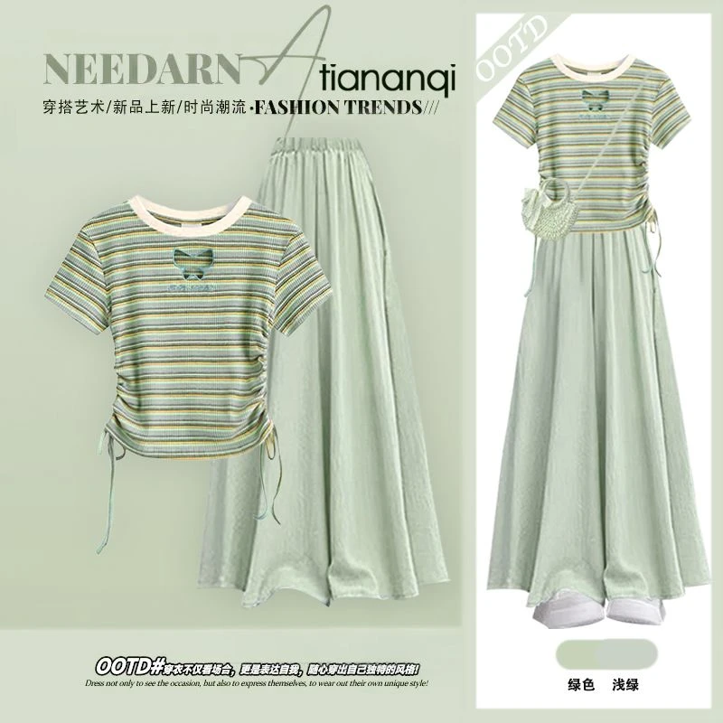 2025新款夏季穿搭一整套装女短袖T恤高腰显瘦气质减龄裙裤两件套