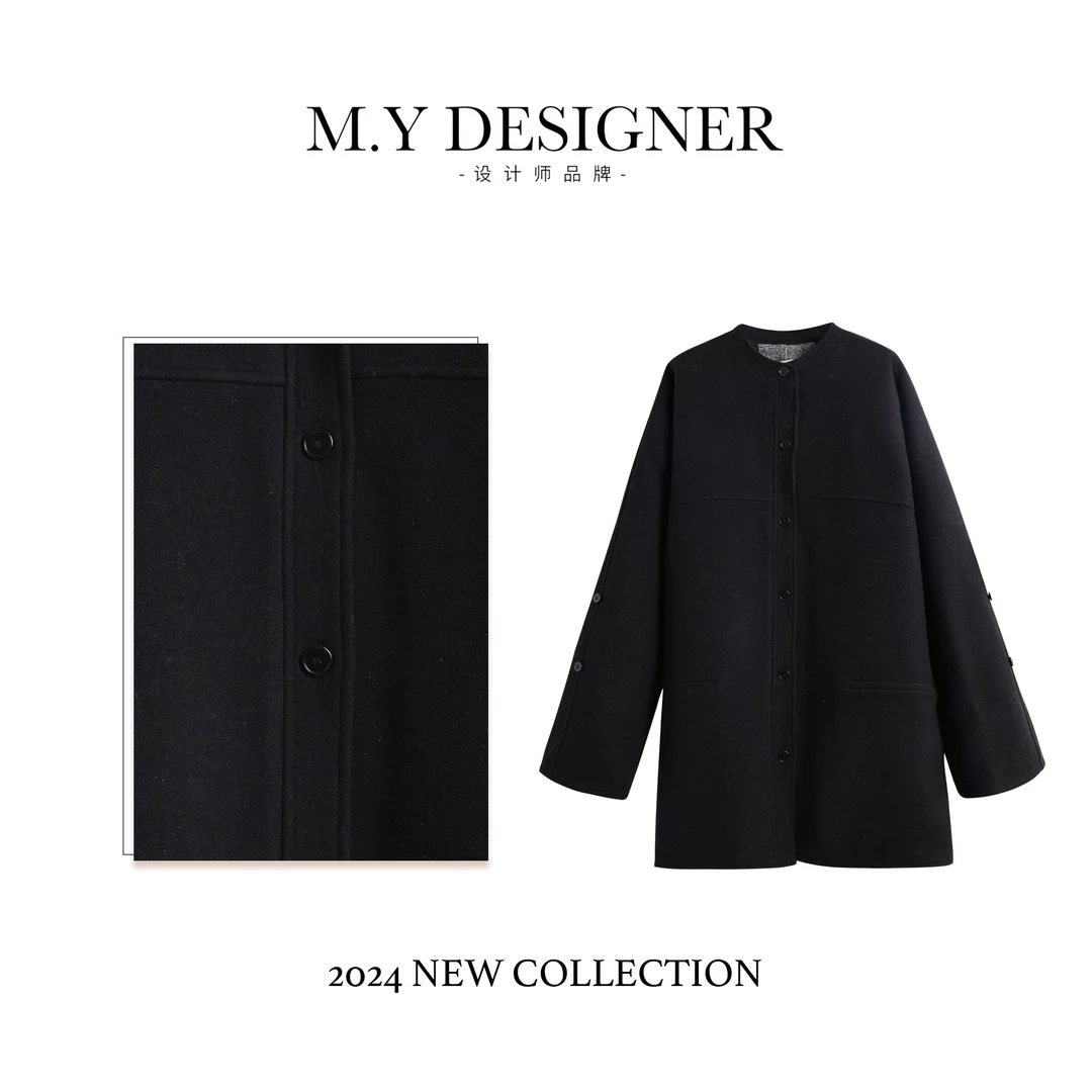 M.Y媛总 新款圆领长袖纯色有口袋单排扣中长款女士外套VE0181