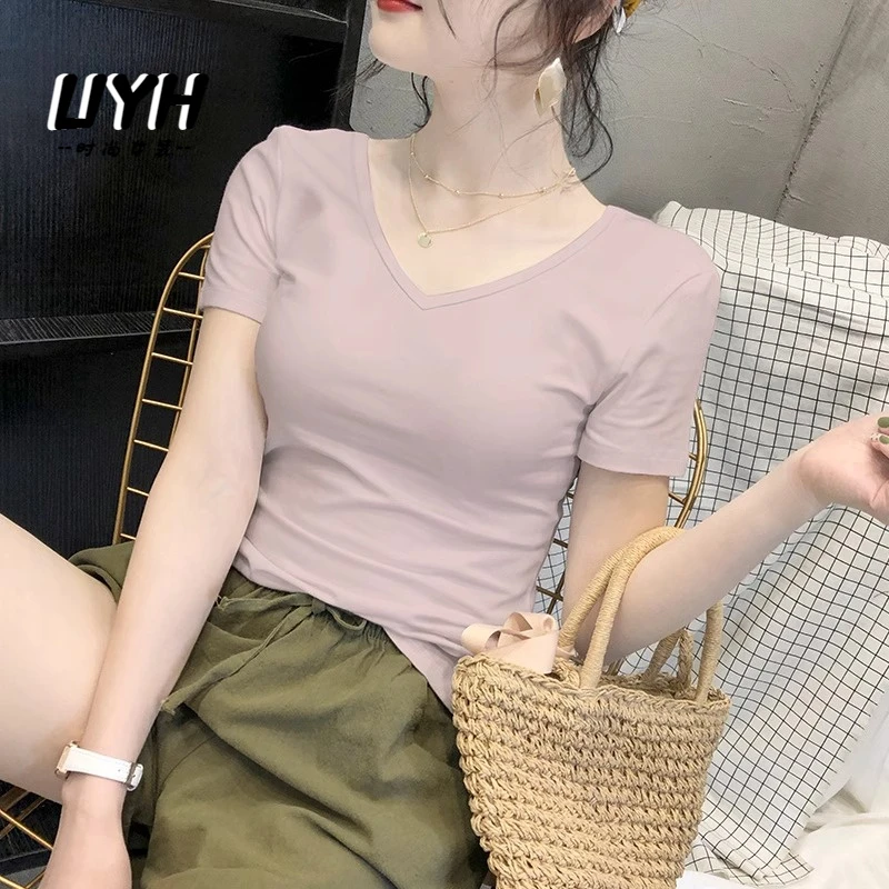 UYH莫代尔V领短袖t恤女内搭2025夏季新款修身显瘦打底衫半袖上衣i