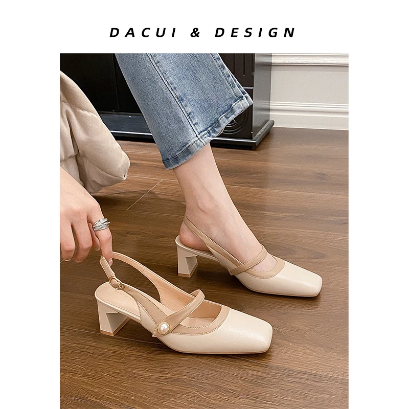 省心穿搭外穿凉鞋新款春夏气质玛丽珍半拖鞋女法式珍珠方头高跟鞋