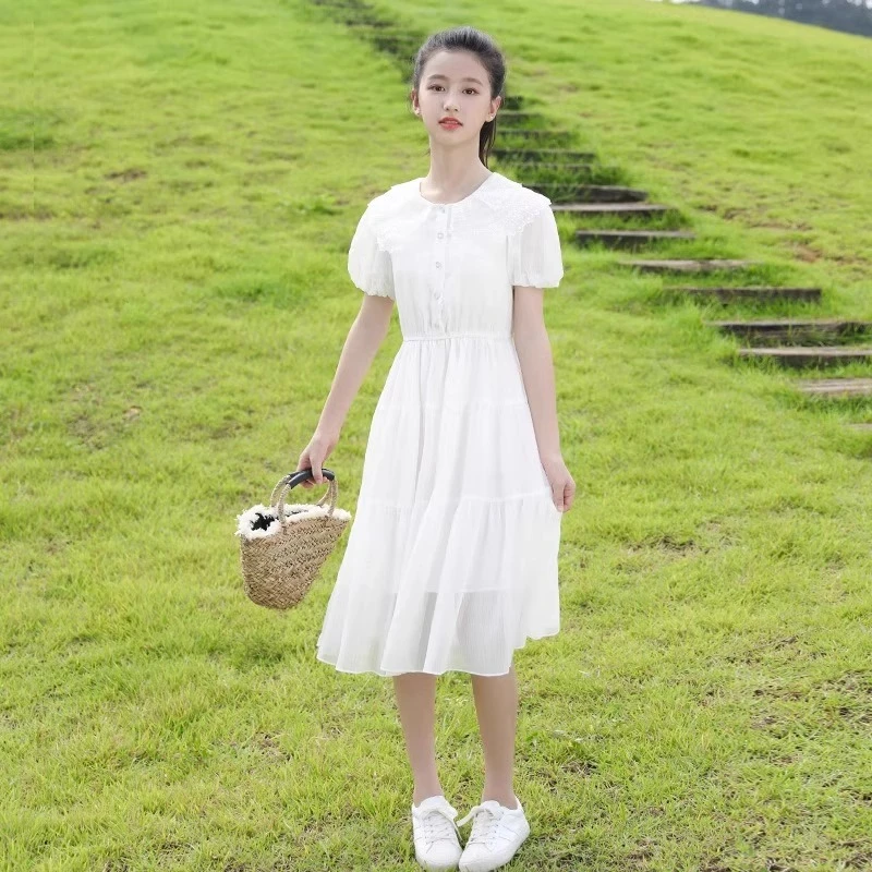 女童裙子夏装2025新款中大童白色气质公主裙儿童夏天高级感连衣裙