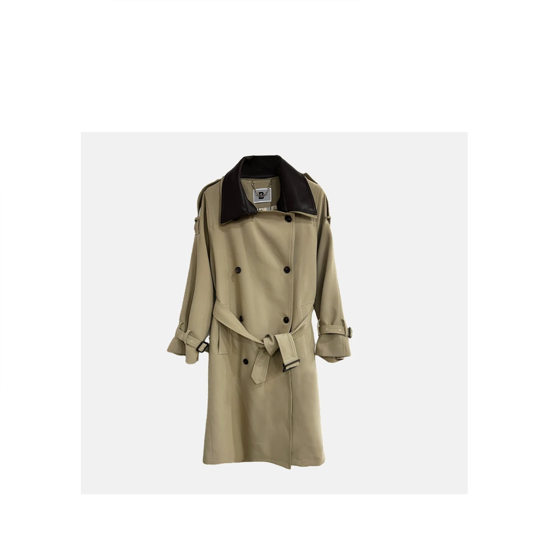 【现货】轻奢风衣外套女双排扣皮领设计感系带收腰长款大衣50172