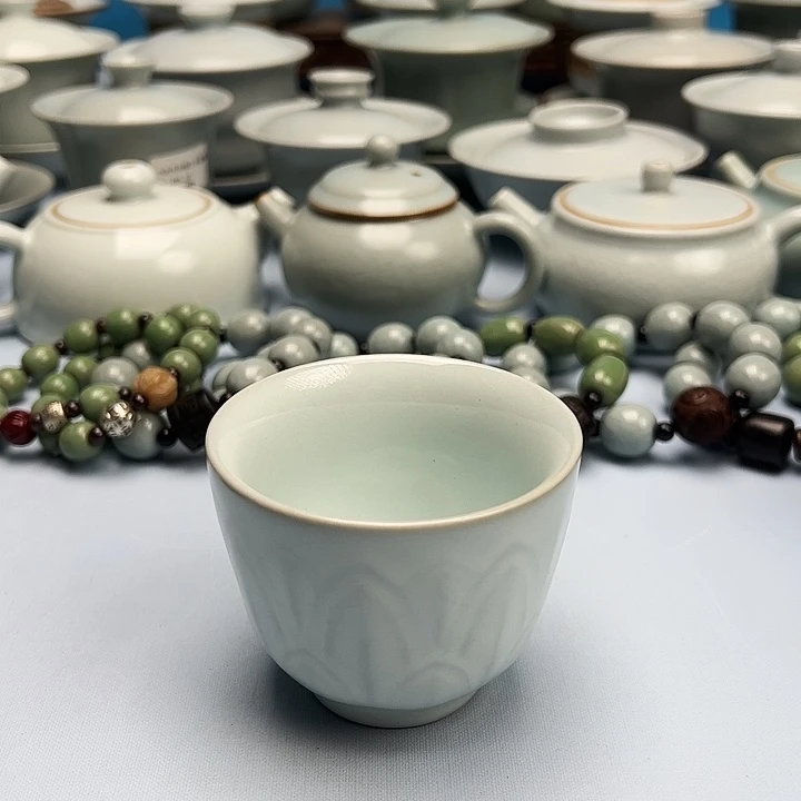 杯月白釉莲花玉蓝杯原矿原釉原产地