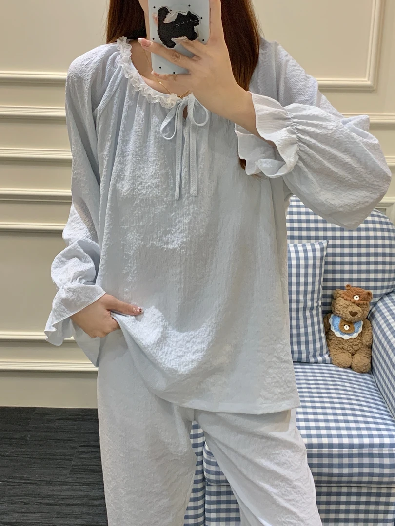 甜美奶乎乎蓝色长袖带胸垫睡衣女2025年新款春秋季休闲家居服套装