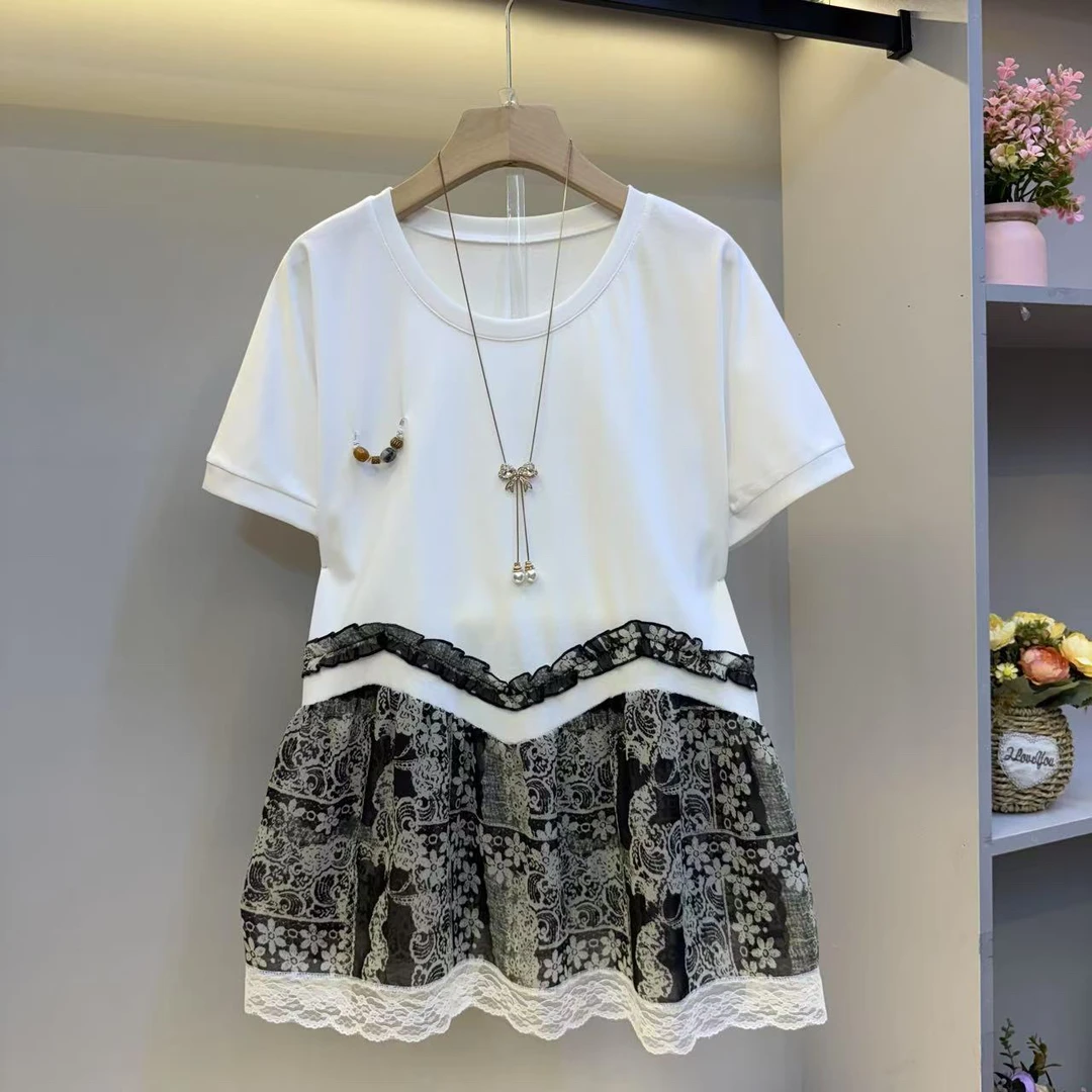 2025夏新款圆领拼接碎花高级感大码女装气质宽松女人衫