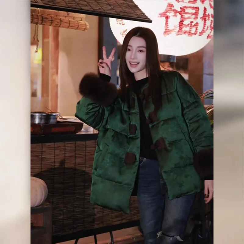 新中式国风绿色棉服外套女装秋冬2025新款唐装年轻款加厚保暖棉袄