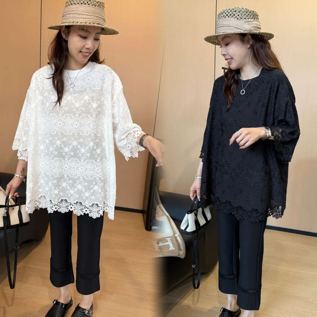 二姐的宝藏夏季小众设计感刺绣花朵蕾丝拼接大版T恤#25197