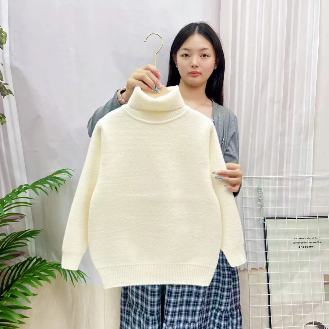 男童女童圆领高领纯色可翻高领针织衫加绒加厚保暖毛衫女童套头款