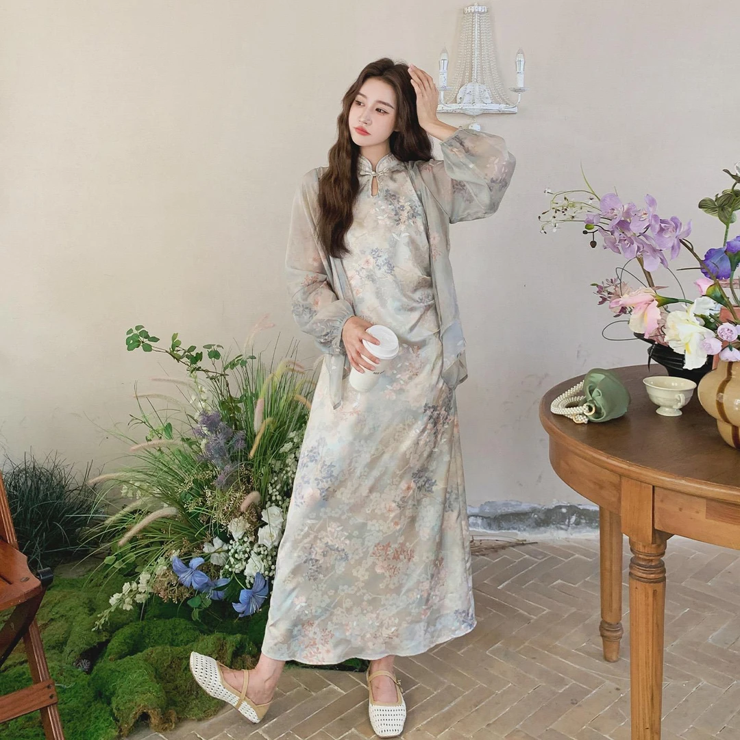 新中式国风套装女夏2025新款清冷优雅气质印花改良旗袍长裙两件套