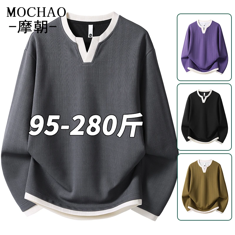 摩朝潮牌假两件肌理感卫衣男休闲宽松大码秋装新款V领拼色长袖衫