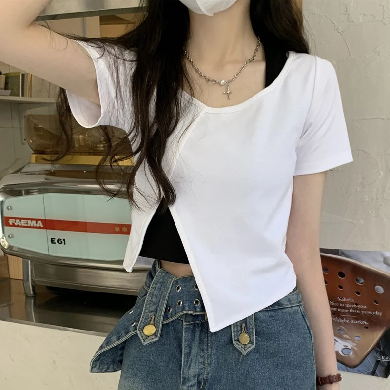 辣妹挂脖假两件不规则短袖T恤女2024夏季设计感小众别致短款上衣