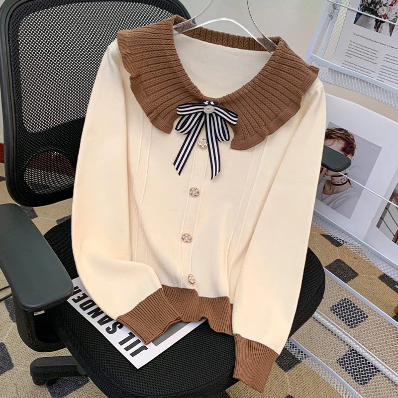 2025秋冬新款娃娃领针织打底衫蝴蝶结洋气减龄百搭上衣女