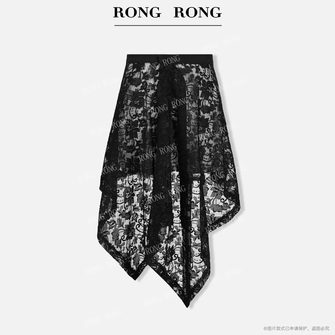 溶溶RONGRONG 黑色蕾丝不规则下摆百搭屁帘半裙E-Z8969254