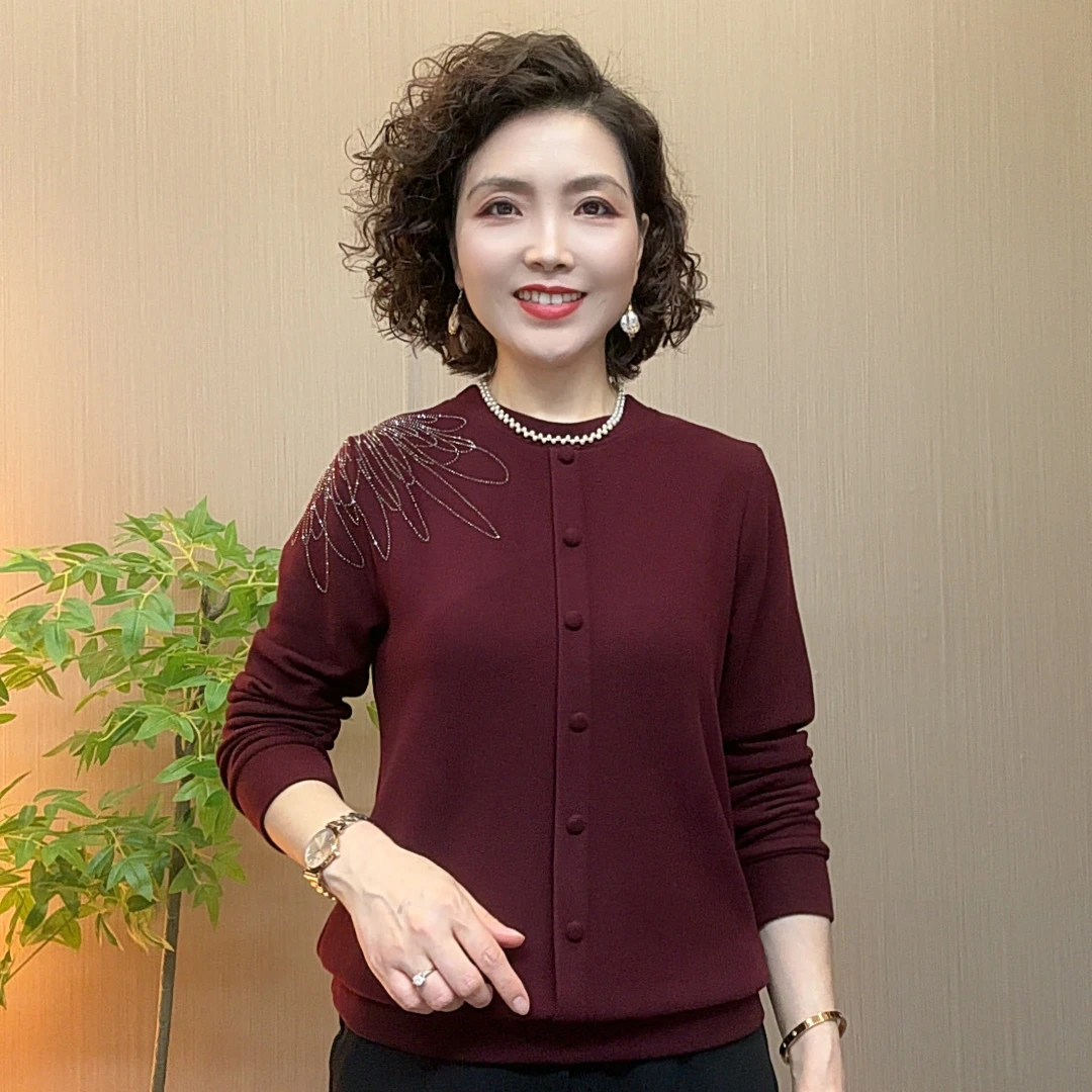 秋季中老年妈妈装宽松洋气气质流光风纯色保暖烫钻女士长袖打底衫