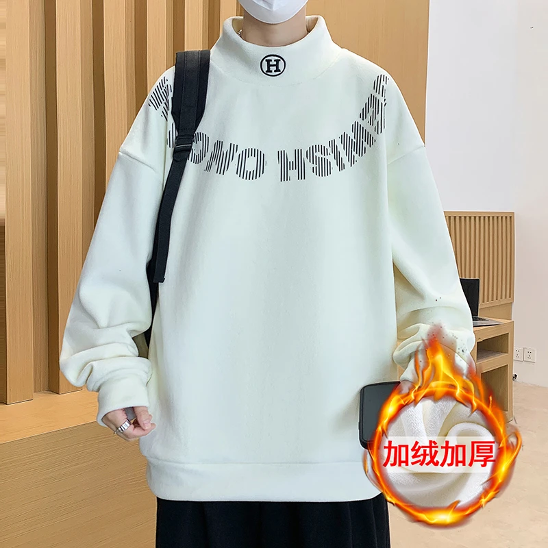 秋冬新款青少年半高领双面奥粒绒加绒加厚卫衣韩版学院风男生上衣