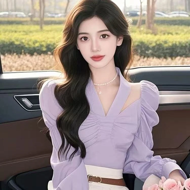 韩系紫色衬衫女2025春季镂空设计感小众不撞款超好看独特漂亮上衣