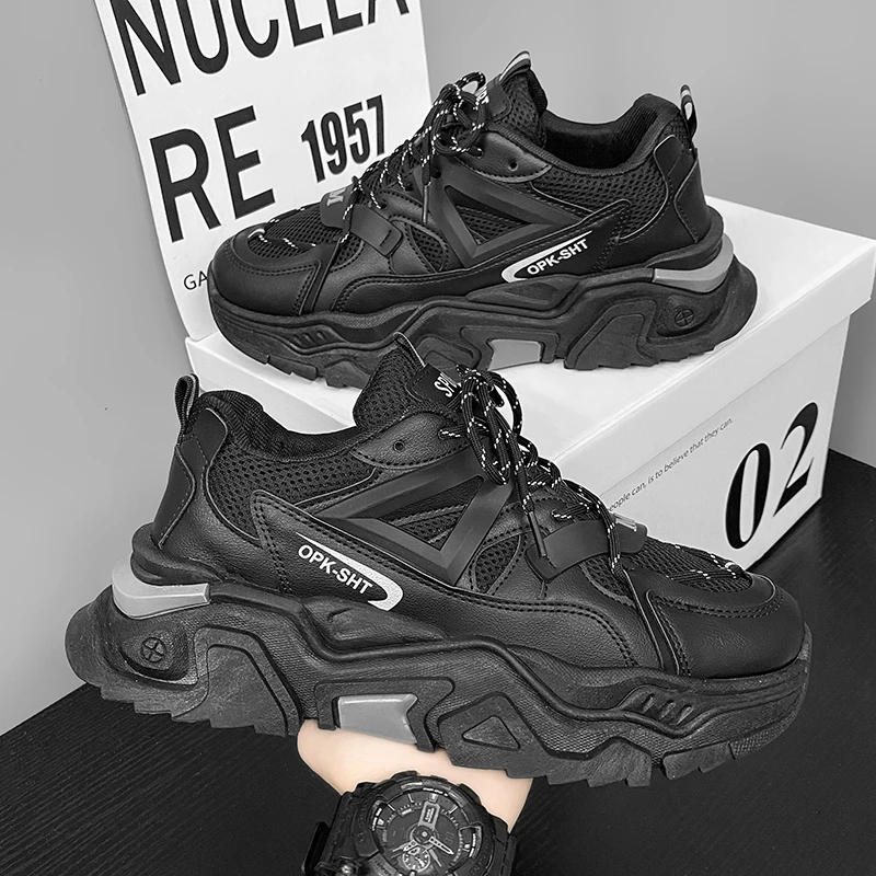 网红爆款男鞋春季青少年网面运动鞋跑步男生潮牌黑武士老爹鞋增高