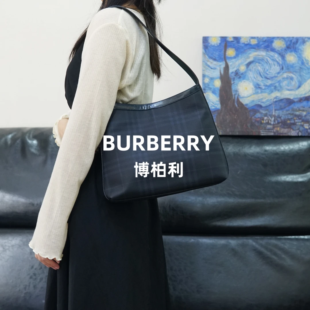 95新 BURBERRY/博柏利 巴宝莉/暗蓝格纹单肩包/FYJJ12810502/0502