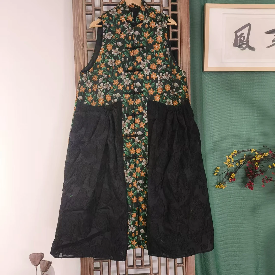 凤徕兮私人定制黄绿色小碎花对襟盘扣小立领加纱长马甲（LS412）棉