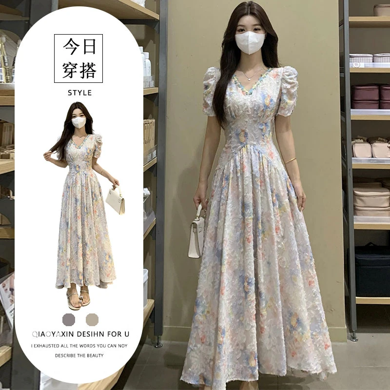 法式甜美风高腰显瘦2碎花连衣裙茶里茶气温柔风绝美仙女初恋长裙