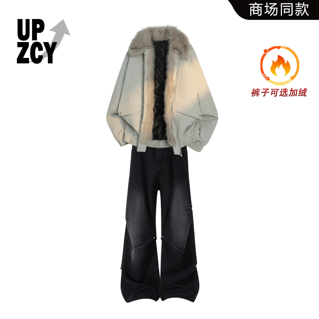 UPZCY美式街头潮牌保暖棉服套装冬季新款加绒水洗牛仔裤两件套男