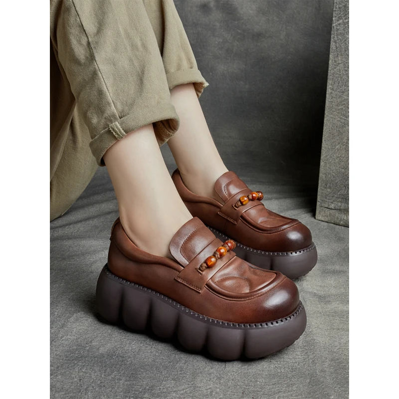 2025秋季圆头牛皮松糕鞋套筒复古民族风拼接珠子单鞋女休闲乐福鞋